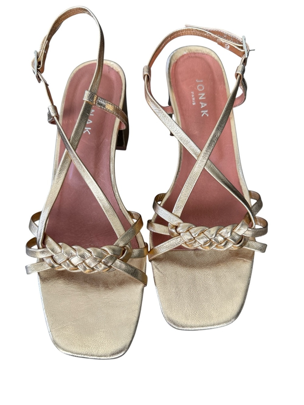 Jonak Paris Gold Braided Strappy Block Heel Sandals EU 39 US 8-8.5